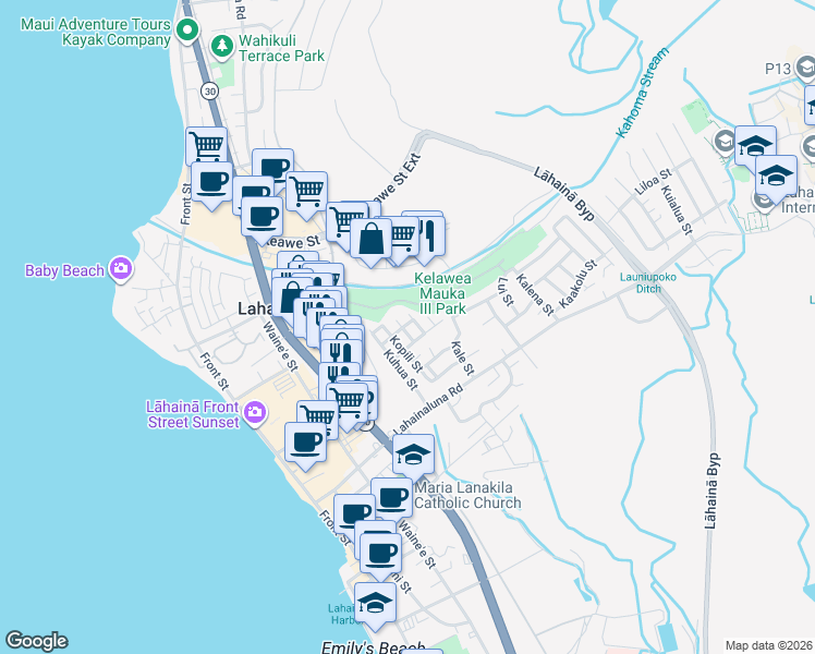 map of restaurants, bars, coffee shops, grocery stores, and more near 900 Puiki Place in Lahaina