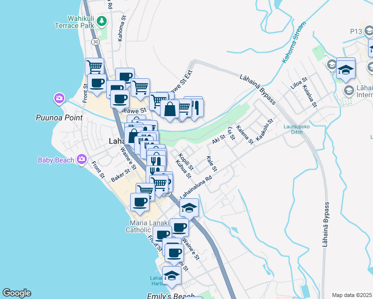 map of restaurants, bars, coffee shops, grocery stores, and more near 900 Puiki Place in Lahaina