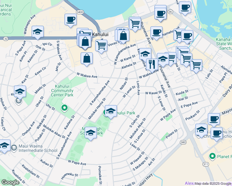 map of restaurants, bars, coffee shops, grocery stores, and more near 260 Niihau Street in Kahului