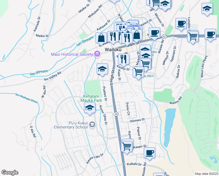map of restaurants, bars, coffee shops, grocery stores, and more near 425 South High Street in Wailuku