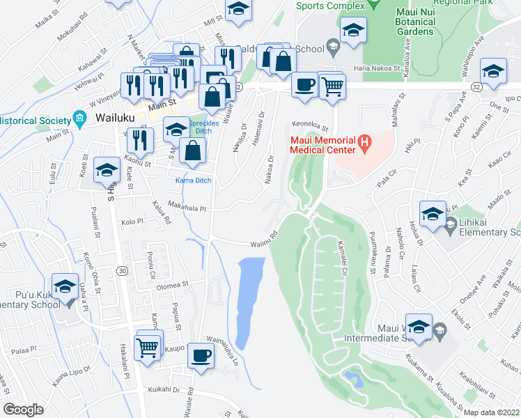 map of restaurants, bars, coffee shops, grocery stores, and more near 36 West Kapueone Place in Wailuku