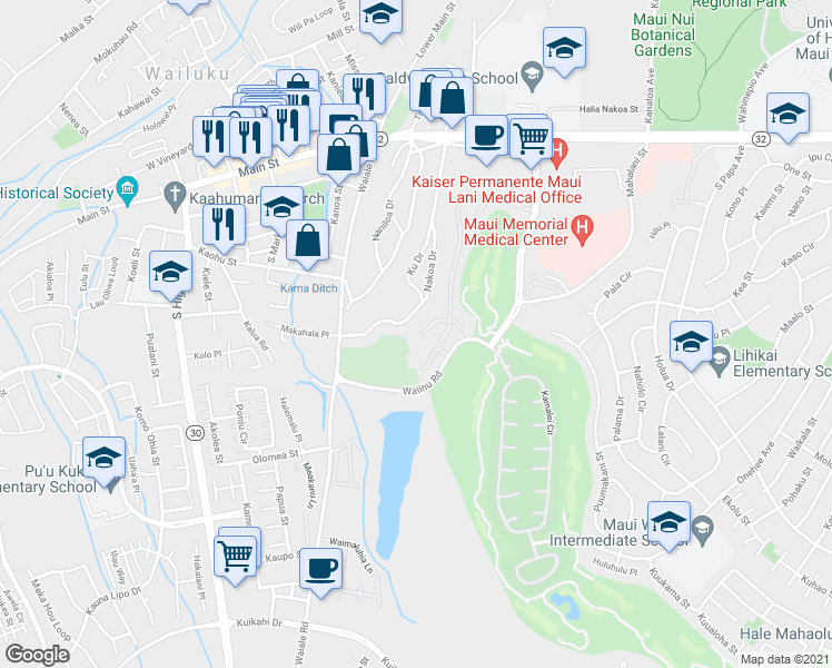 map of restaurants, bars, coffee shops, grocery stores, and more near 36 West Kapueone Place in Wailuku