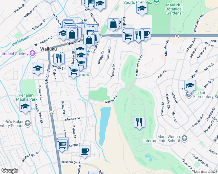 map of restaurants, bars, coffee shops, grocery stores, and more near 36 West Kapueone Place in Wailuku