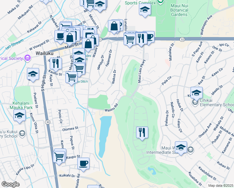 map of restaurants, bars, coffee shops, grocery stores, and more near 174 Keoneloa Street in Wailuku