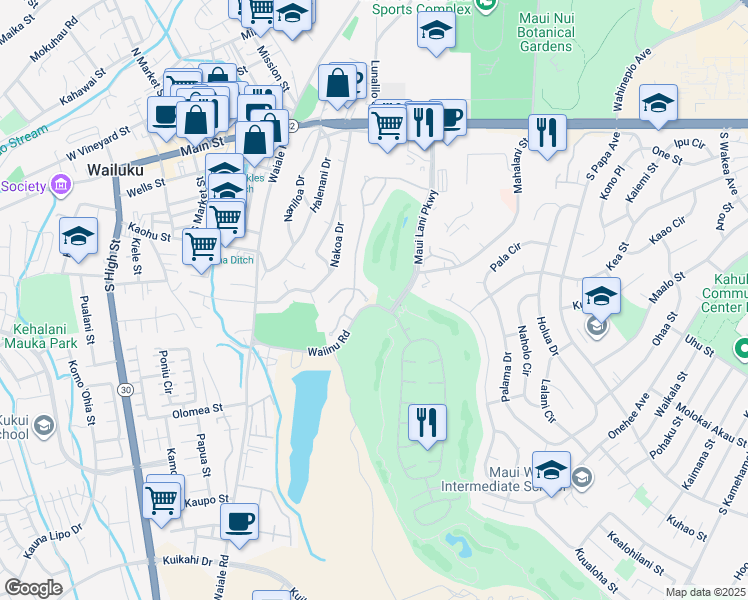 map of restaurants, bars, coffee shops, grocery stores, and more near 29 East Kapueone Place in Wailuku