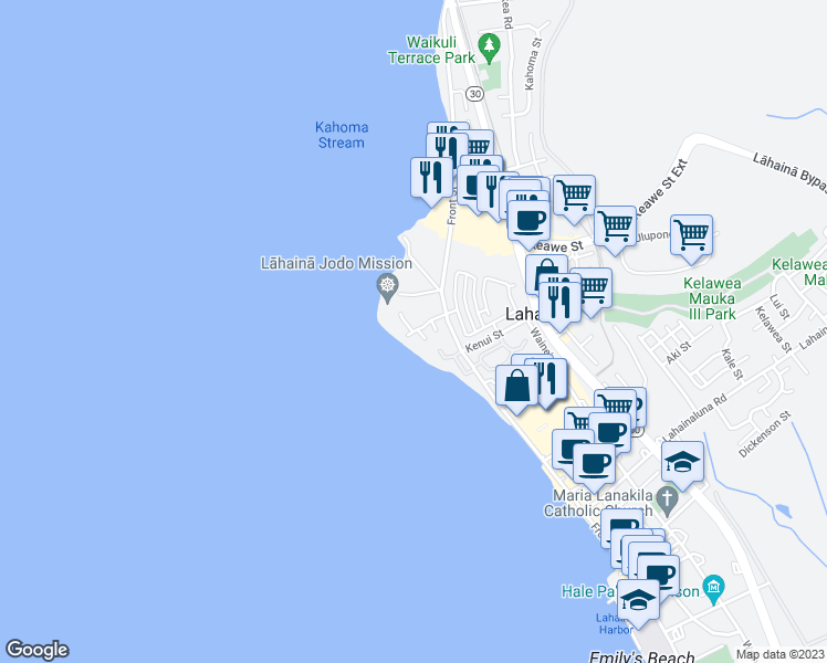 map of restaurants, bars, coffee shops, grocery stores, and more near 50 Puunoa Place in Lahaina