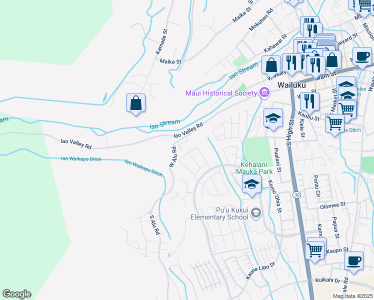 map of restaurants, bars, coffee shops, grocery stores, and more near 182 Kili'o'opu Street in Wailuku