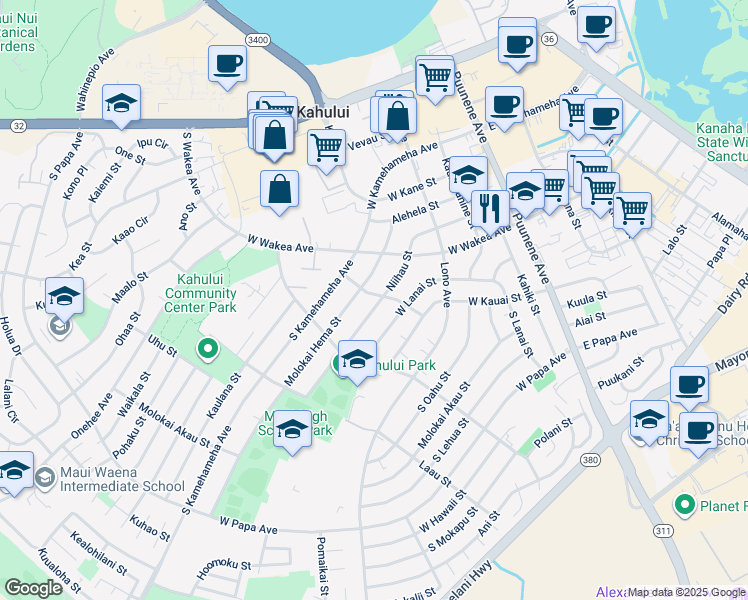 map of restaurants, bars, coffee shops, grocery stores, and more near 260 Niihau Street in Kahului