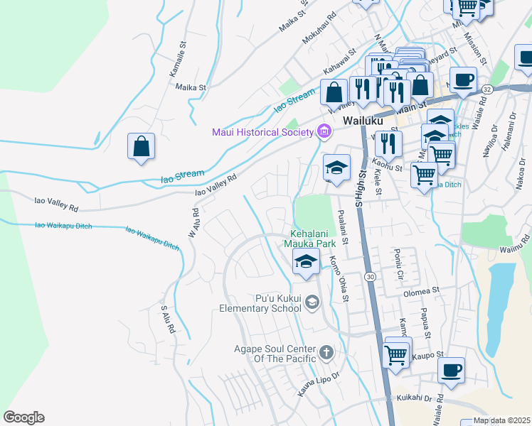 map of restaurants, bars, coffee shops, grocery stores, and more near 124 Hoolaau Street in Wailuku