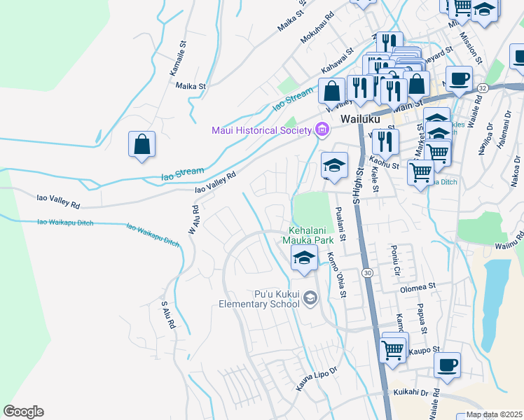 map of restaurants, bars, coffee shops, grocery stores, and more near 205 Puaehu Street in Wailuku