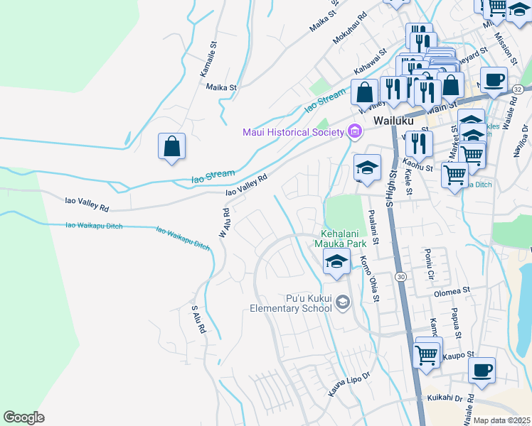 map of restaurants, bars, coffee shops, grocery stores, and more near 140 Kili'o'opu Street in Wailuku