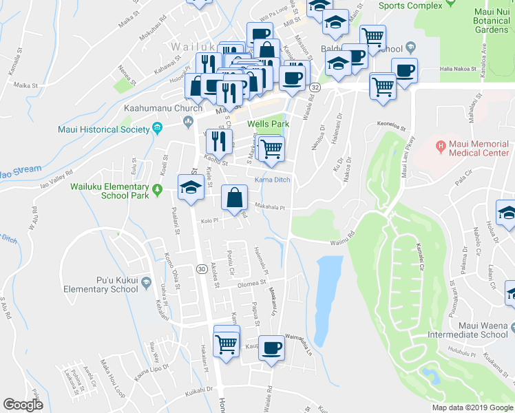 map of restaurants, bars, coffee shops, grocery stores, and more near 1911 Makahala Place in Wailuku