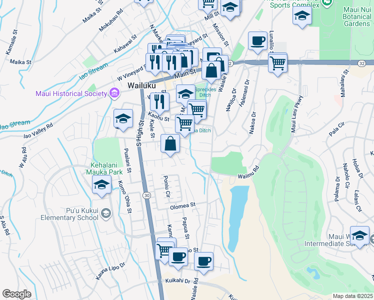 map of restaurants, bars, coffee shops, grocery stores, and more near 1911 Makahala Place in Wailuku