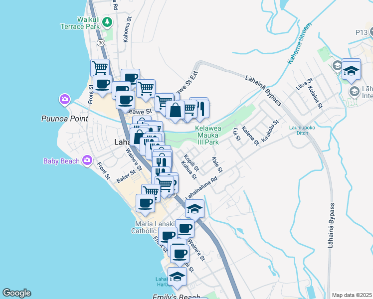 map of restaurants, bars, coffee shops, grocery stores, and more near 915 Puiki Place in Lahaina