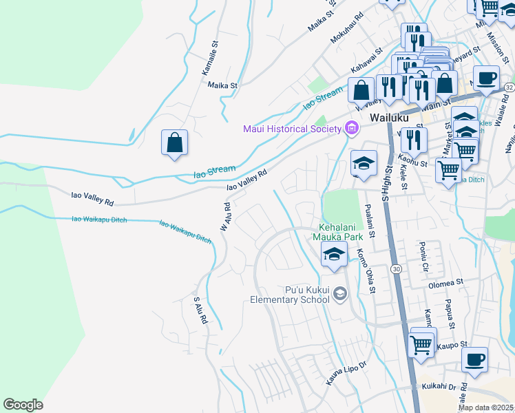 map of restaurants, bars, coffee shops, grocery stores, and more near 147 Kili'o'opu Street in Wailuku