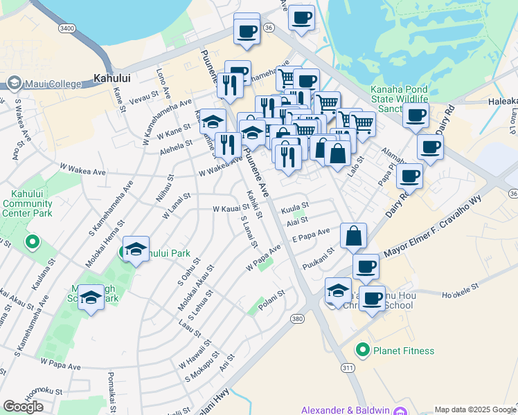 map of restaurants, bars, coffee shops, grocery stores, and more near 367 Kahiki Street in Kahului