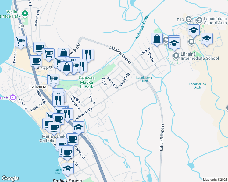 map of restaurants, bars, coffee shops, grocery stores, and more near 536 Lahainaluna Road in Lahaina