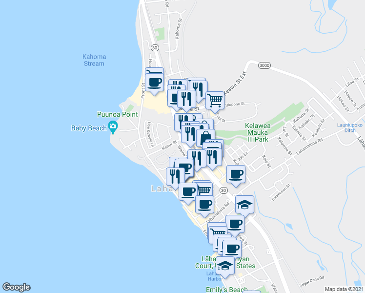 map of restaurants, bars, coffee shops, grocery stores, and more near 126 Hinau Street in Lahaina