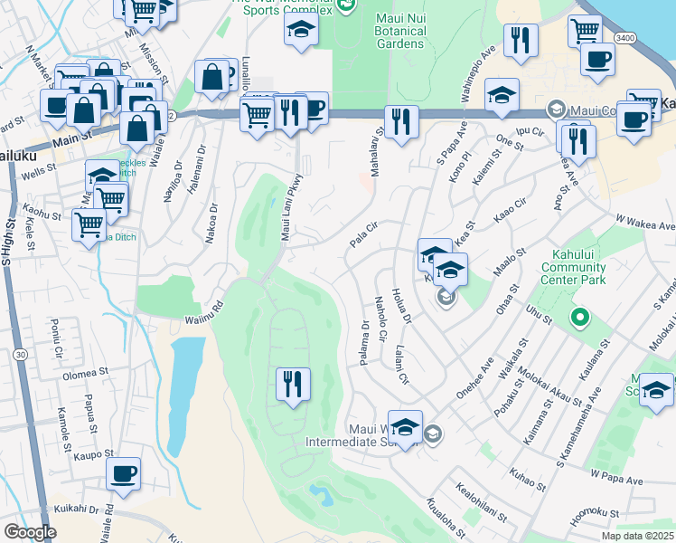 map of restaurants, bars, coffee shops, grocery stores, and more near 800 Kea Street in Kahului