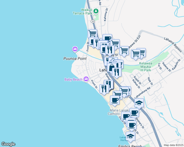 map of restaurants, bars, coffee shops, grocery stores, and more near 82 Kahoma Village Loop in Lahaina