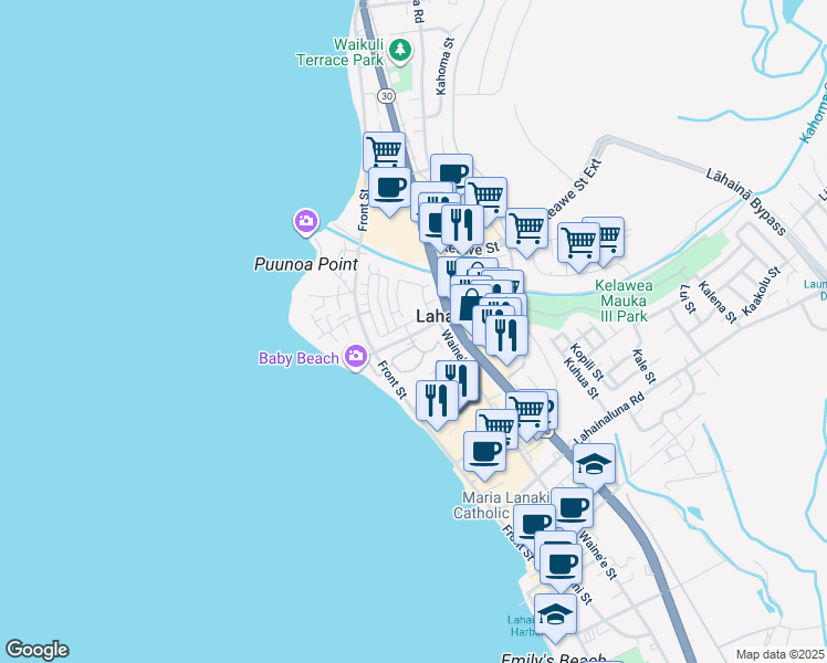 map of restaurants, bars, coffee shops, grocery stores, and more near 166 Kahoma Village Loop in Lahaina