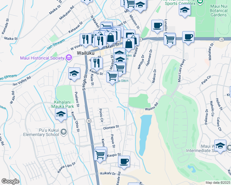 map of restaurants, bars, coffee shops, grocery stores, and more near 1705 Makahala Place in Wailuku