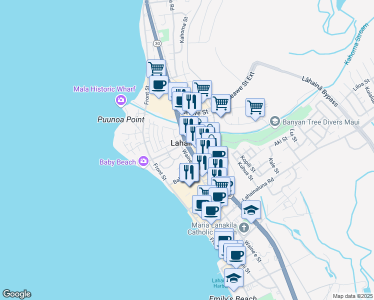 map of restaurants, bars, coffee shops, grocery stores, and more near 418 Kahoma Village Loop in Lahaina