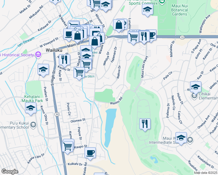 map of restaurants, bars, coffee shops, grocery stores, and more near 310 Nakoa Drive in Wailuku