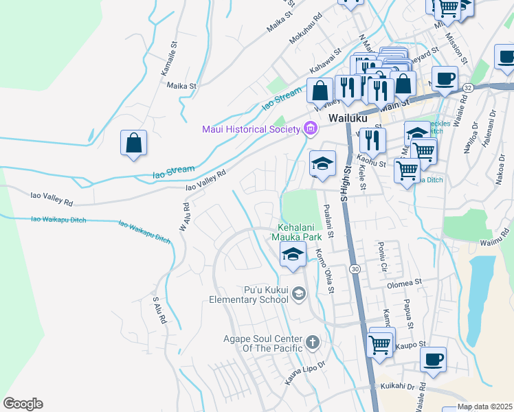 map of restaurants, bars, coffee shops, grocery stores, and more near 132 Hoolaau Street in Wailuku