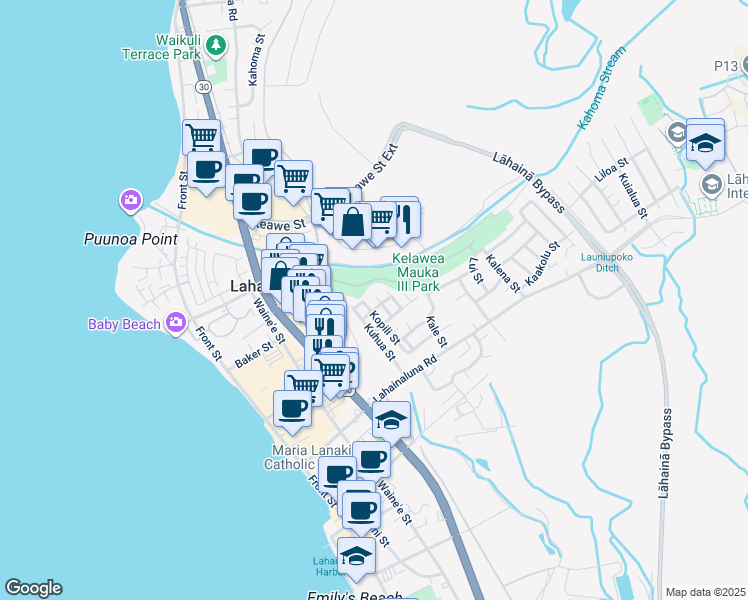 map of restaurants, bars, coffee shops, grocery stores, and more near 915 Puiki Place in Lahaina
