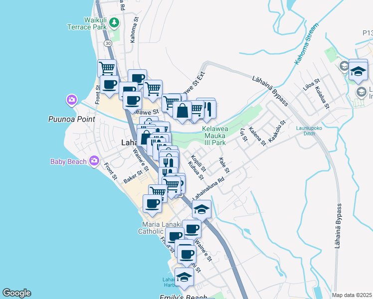 map of restaurants, bars, coffee shops, grocery stores, and more near 363 Keone Street in Lahaina