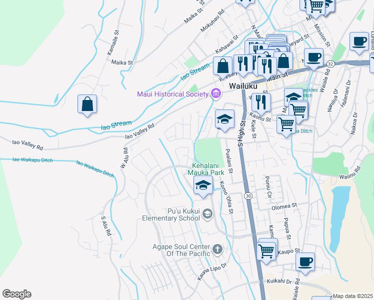 map of restaurants, bars, coffee shops, grocery stores, and more near 332 Puaehu Street in Wailuku