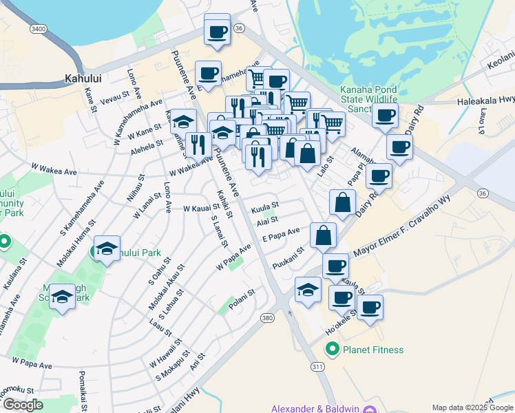 map of restaurants, bars, coffee shops, grocery stores, and more near 25 Kuula Street in Kahului