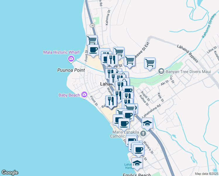map of restaurants, bars, coffee shops, grocery stores, and more near 262 Kahoma Village Loop in Lahaina