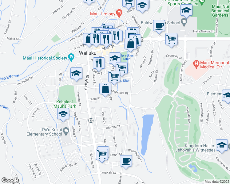 map of restaurants, bars, coffee shops, grocery stores, and more near 425 Poni Place in Wailuku