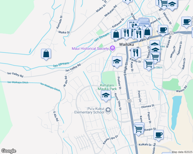 map of restaurants, bars, coffee shops, grocery stores, and more near 296 Puaehu Street in Wailuku