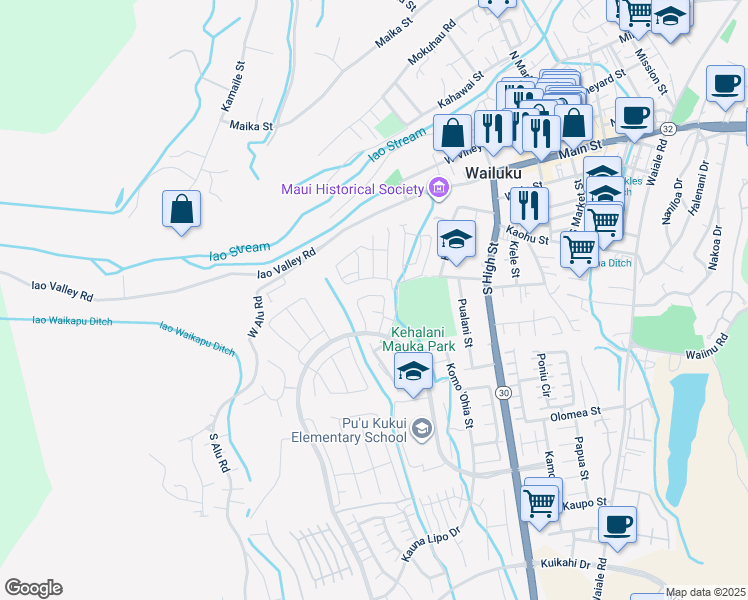 map of restaurants, bars, coffee shops, grocery stores, and more near 282 Puaehu Street in Wailuku