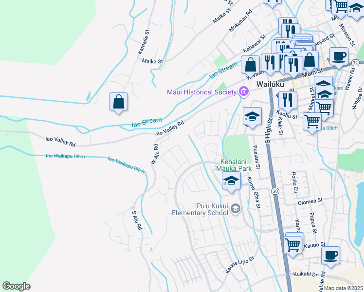 map of restaurants, bars, coffee shops, grocery stores, and more near 144 Kili'o'opu Street in Wailuku