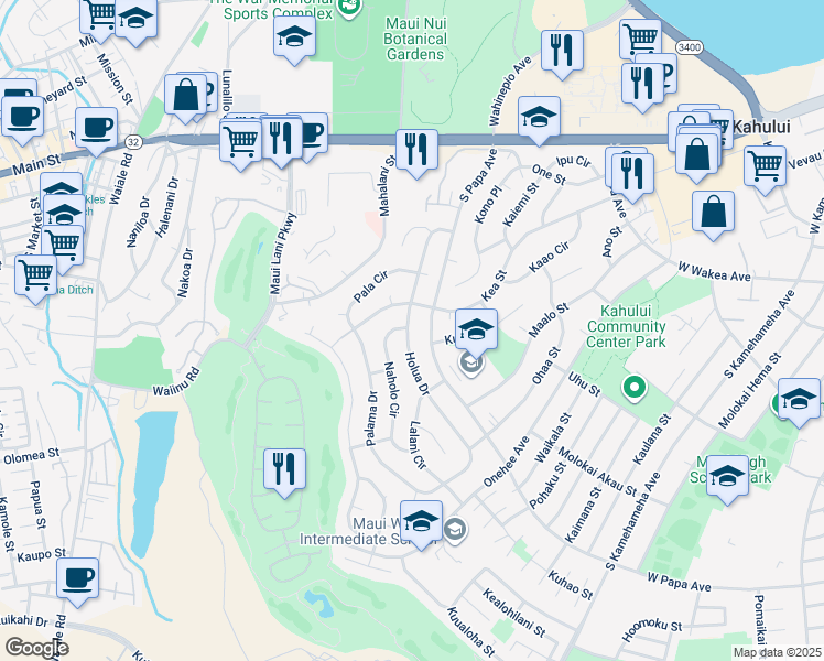 map of restaurants, bars, coffee shops, grocery stores, and more near 273 Holua Drive in Kahului