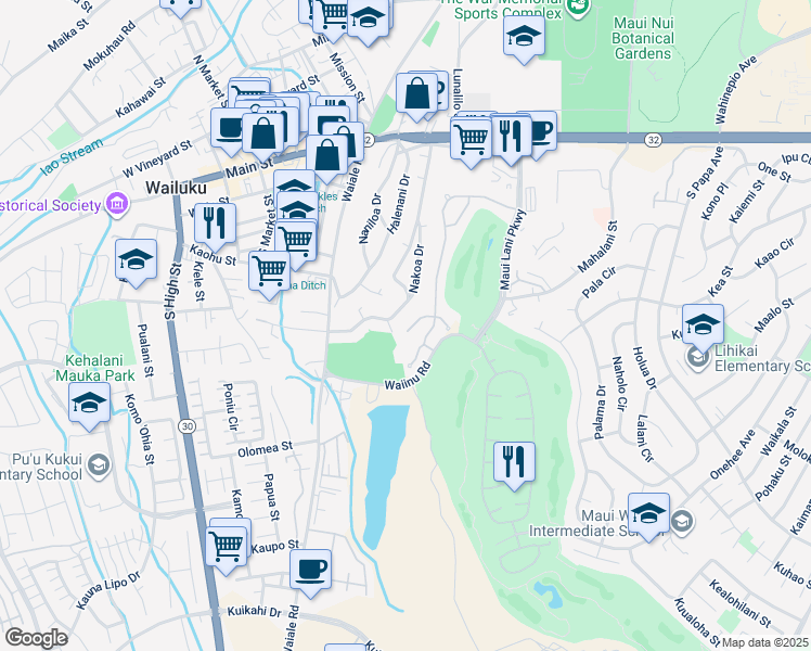 map of restaurants, bars, coffee shops, grocery stores, and more near 32 West Kapueone Place in Wailuku