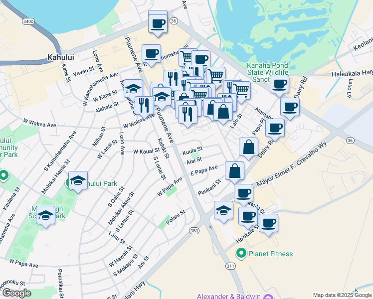 map of restaurants, bars, coffee shops, grocery stores, and more near 25 Kuula Street in Kahului
