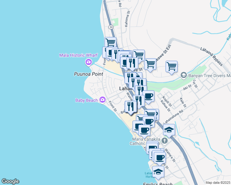 map of restaurants, bars, coffee shops, grocery stores, and more near 154 Kahoma Village Loop in Lahaina