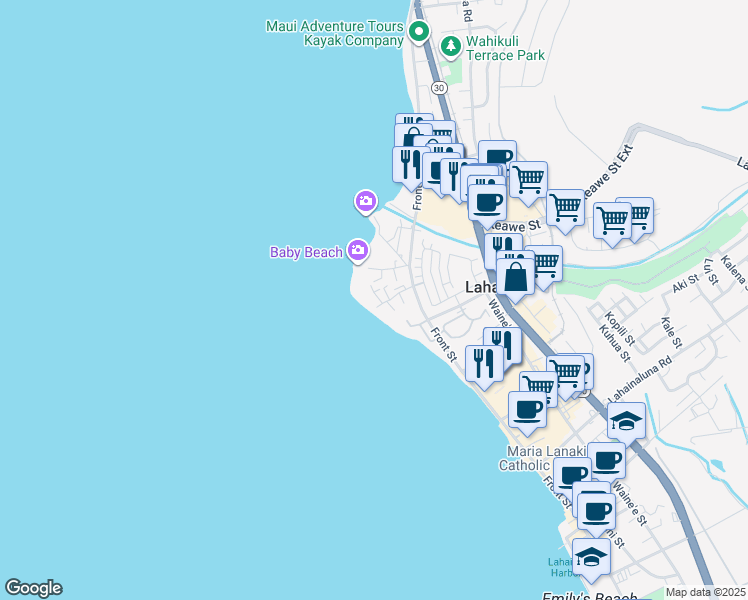 map of restaurants, bars, coffee shops, grocery stores, and more near 1177 Halepaka Place in Lahaina