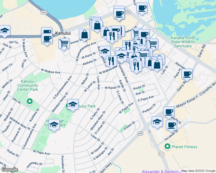 map of restaurants, bars, coffee shops, grocery stores, and more near 104 West Kauai Street in Kahului