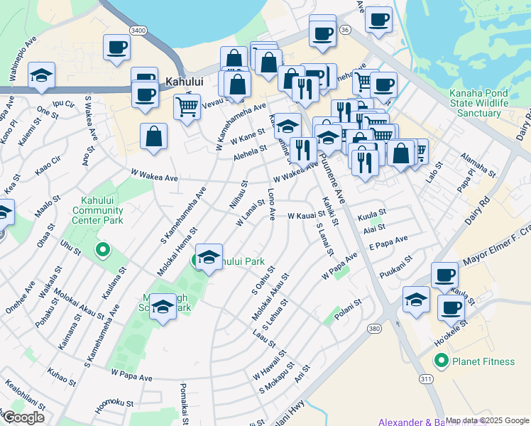 map of restaurants, bars, coffee shops, grocery stores, and more near 164 West Kauai Street in Kahului