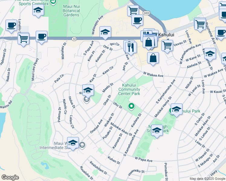 map of restaurants, bars, coffee shops, grocery stores, and more near 203 Ohaa Street in Kahului