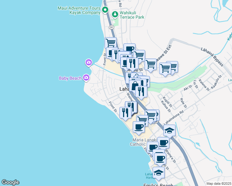 map of restaurants, bars, coffee shops, grocery stores, and more near 160 Kahoma Village Loop in Lahaina
