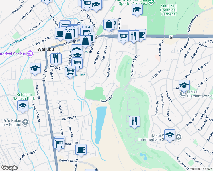 map of restaurants, bars, coffee shops, grocery stores, and more near 32 West Kapueone Place in Wailuku