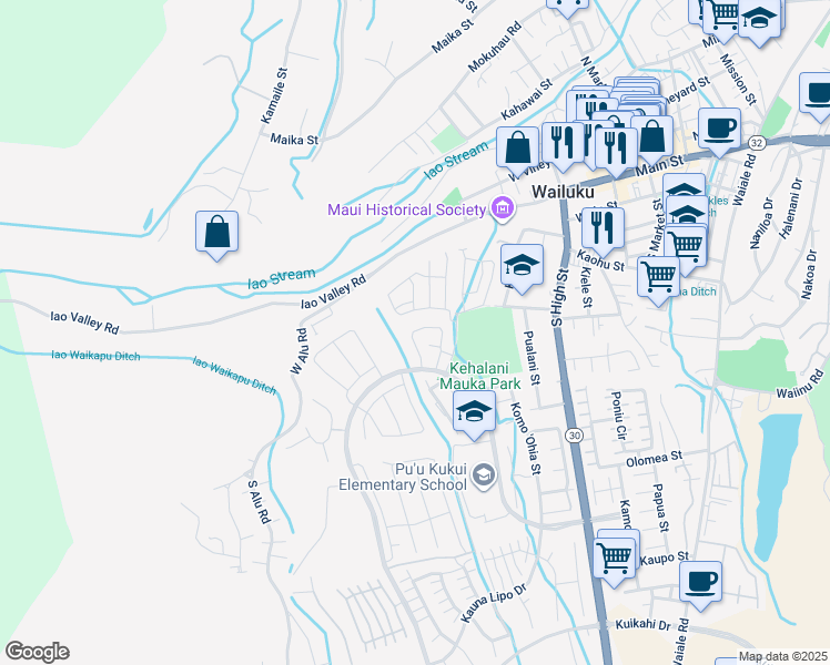 map of restaurants, bars, coffee shops, grocery stores, and more near 134 Hoolaau Street in Wailuku