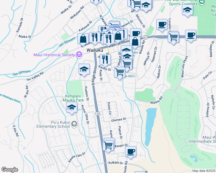 map of restaurants, bars, coffee shops, grocery stores, and more near 421A Kalua Road in Wailuku
